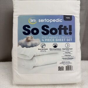 Serta Sertapedic White 4pc Twin Sheet Set So Soft Deep Pocket Boxer Hem Elastic